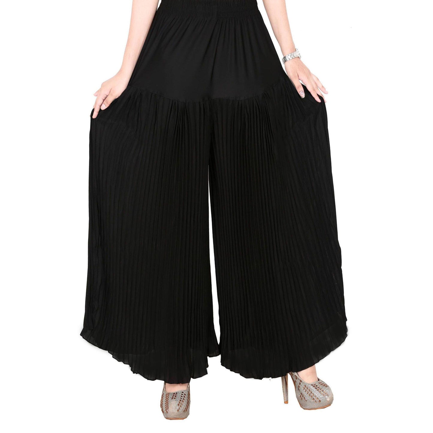 Plated Fabric Solid Skirt Palazzo - Black